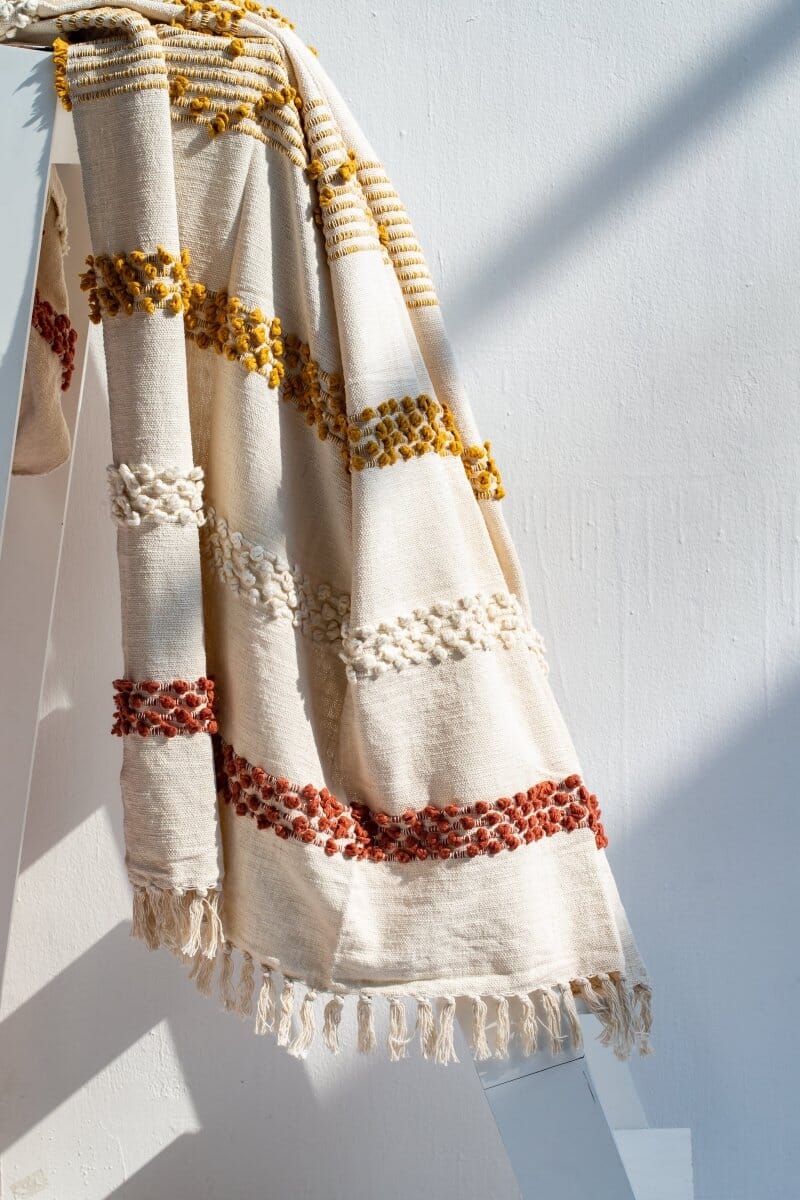 Off White Throw Blanket with Yellow & Orange Embroidery Homekode 