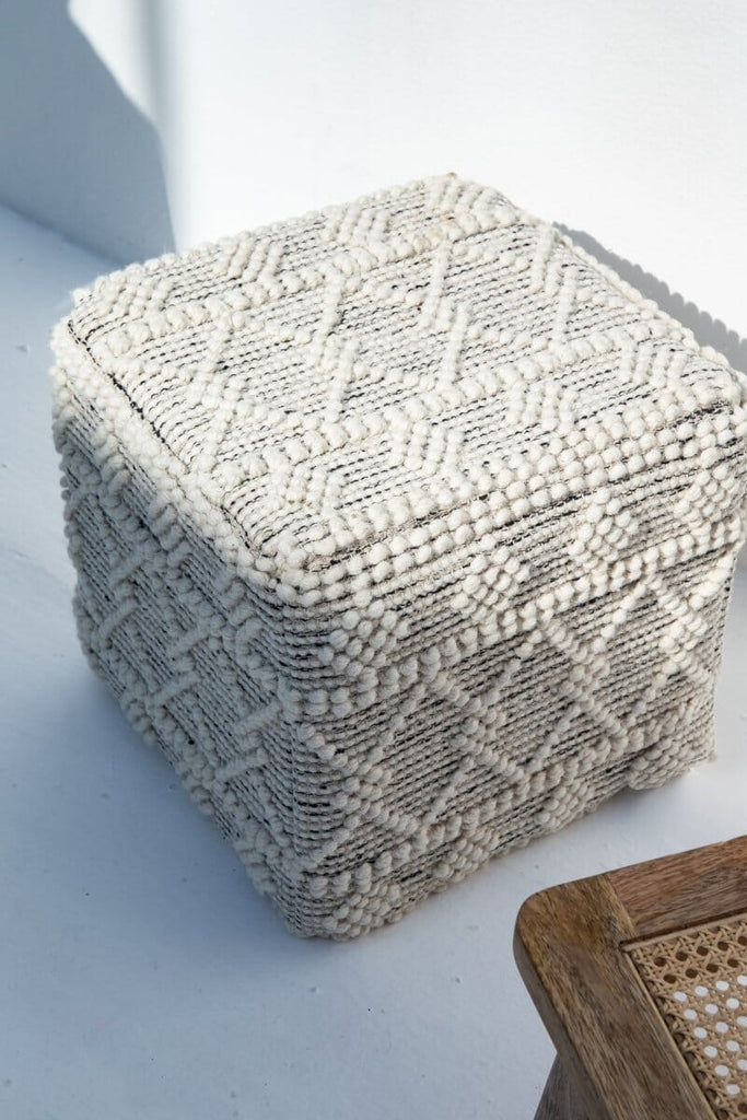 Boho White Lozenge Wool Pouf (40x40x40 CM)