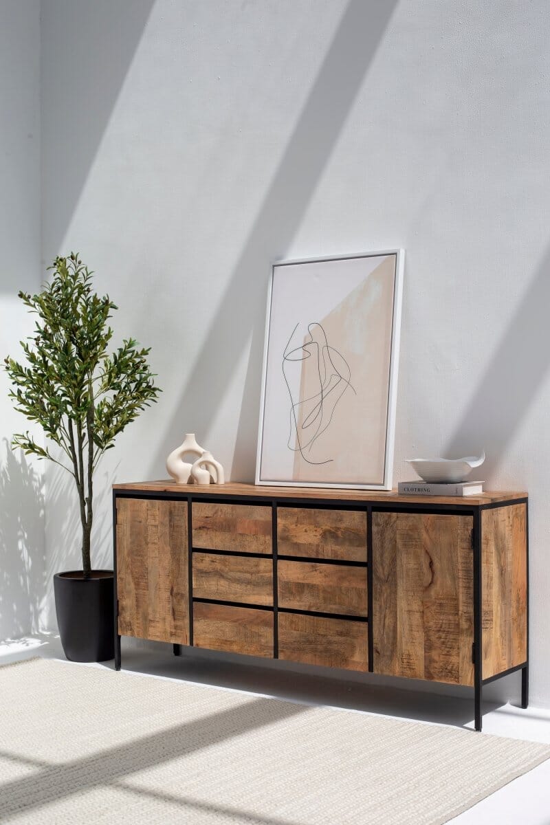 Cer Industrial Wooden Sideboard with Six Drawers 