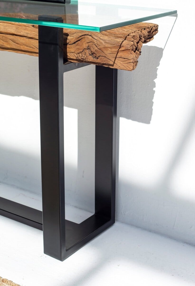 Railway Wood with Glass Top Console Table Homekode 