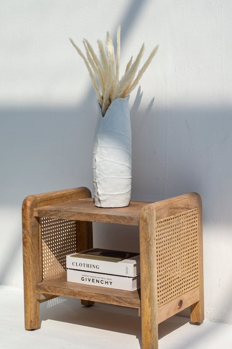 Vivienne Rattan Sides Wood Side Table with Two Shelves Side Table Homekode 