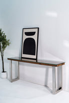 Railway Wood with Glass Top Console Table Homekode 120CM Length x 75CM Height Silver Steel/U Shape 