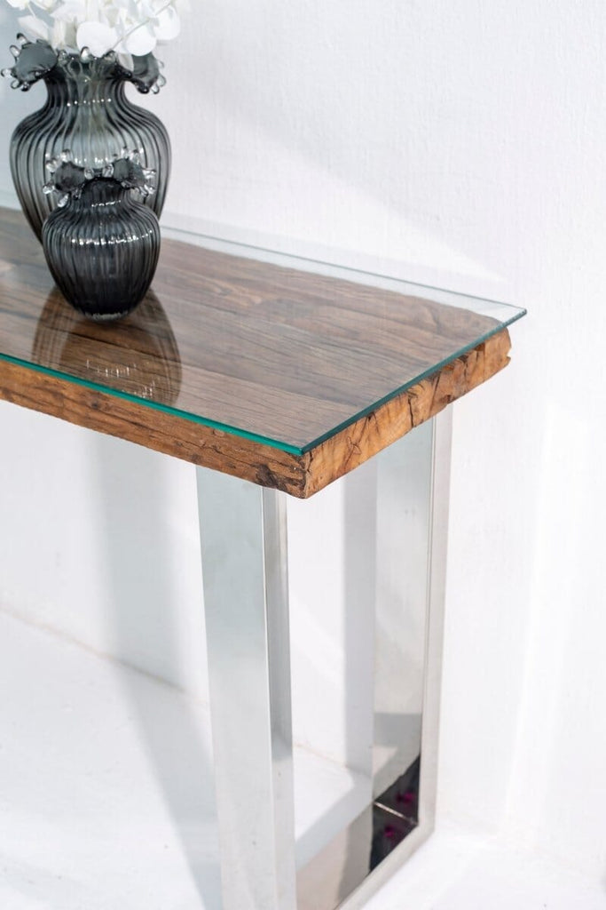 Railway Wood with Glass Top Console Table Homekode 