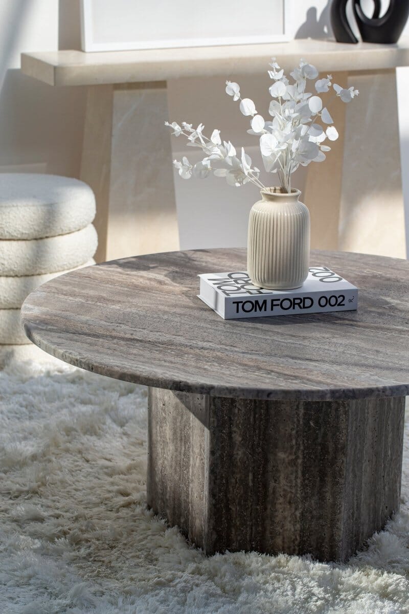 Peyton Grey Travertine Round Coffee Table (3 Sizes) Coffee Tables Homekode 