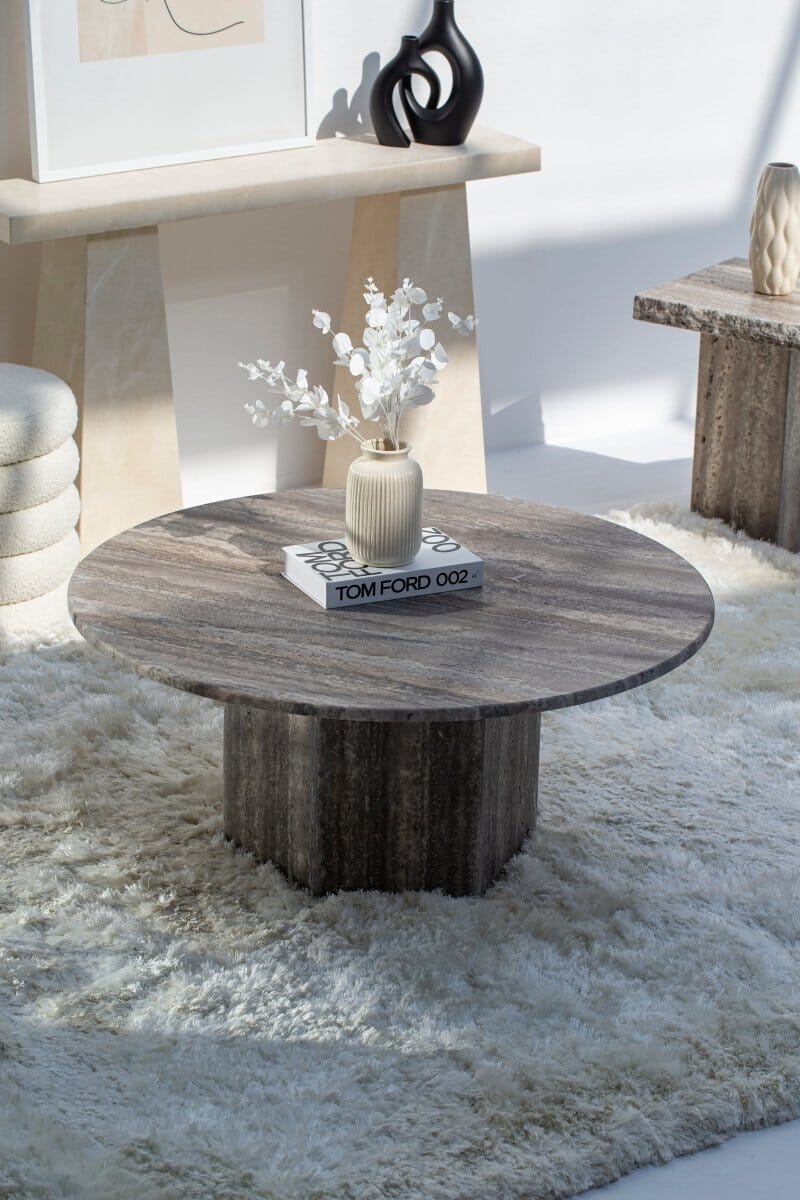 Peyton Grey Travertine Round Coffee Table (3 Sizes) Coffee Tables Homekode 