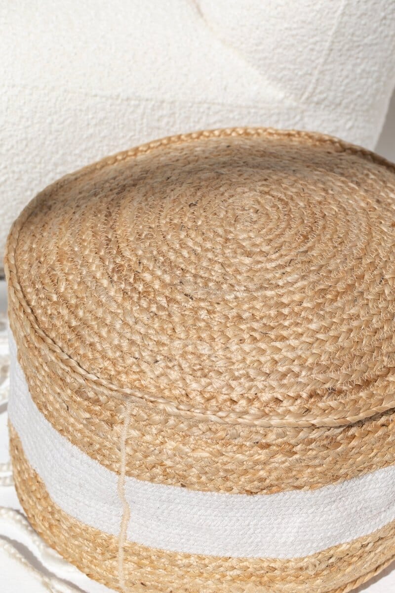 White Natural Jute & Cotton Pouf (50x50x25 CM)