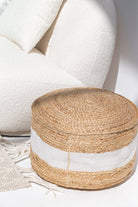 White Natural Jute & Cotton Pouf (50x50x25 CM)