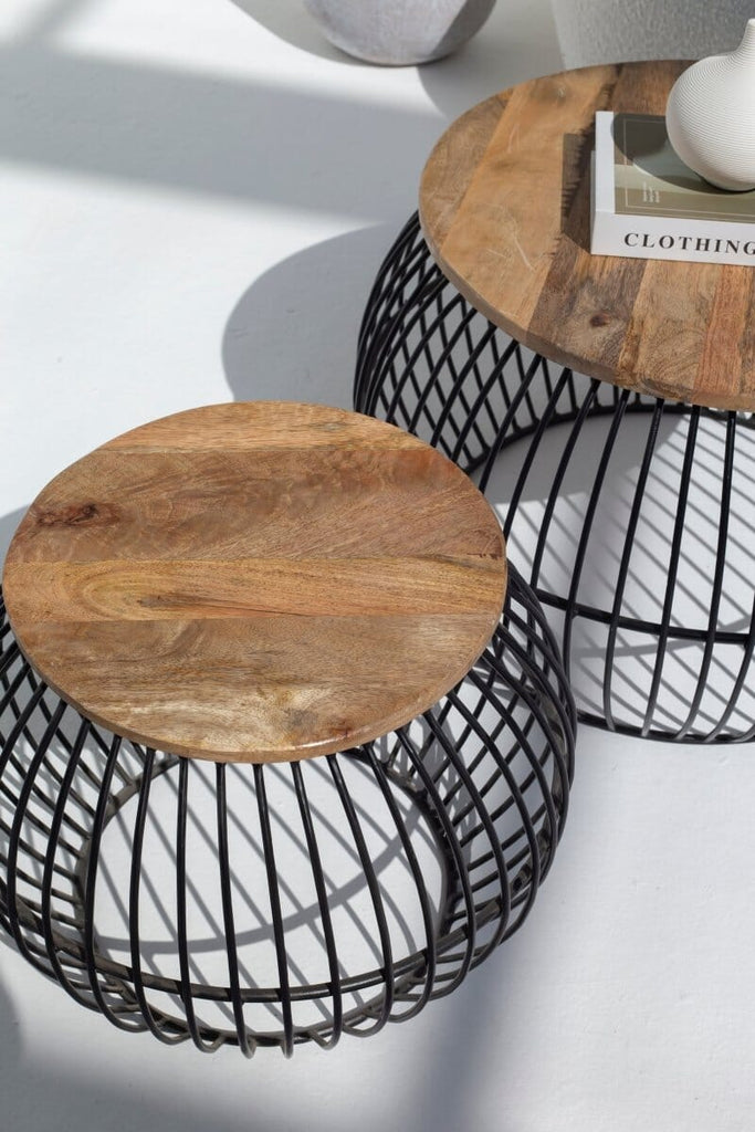 Barber Round Mango Wood Coffee Table Set with Metal Base Homekode 
