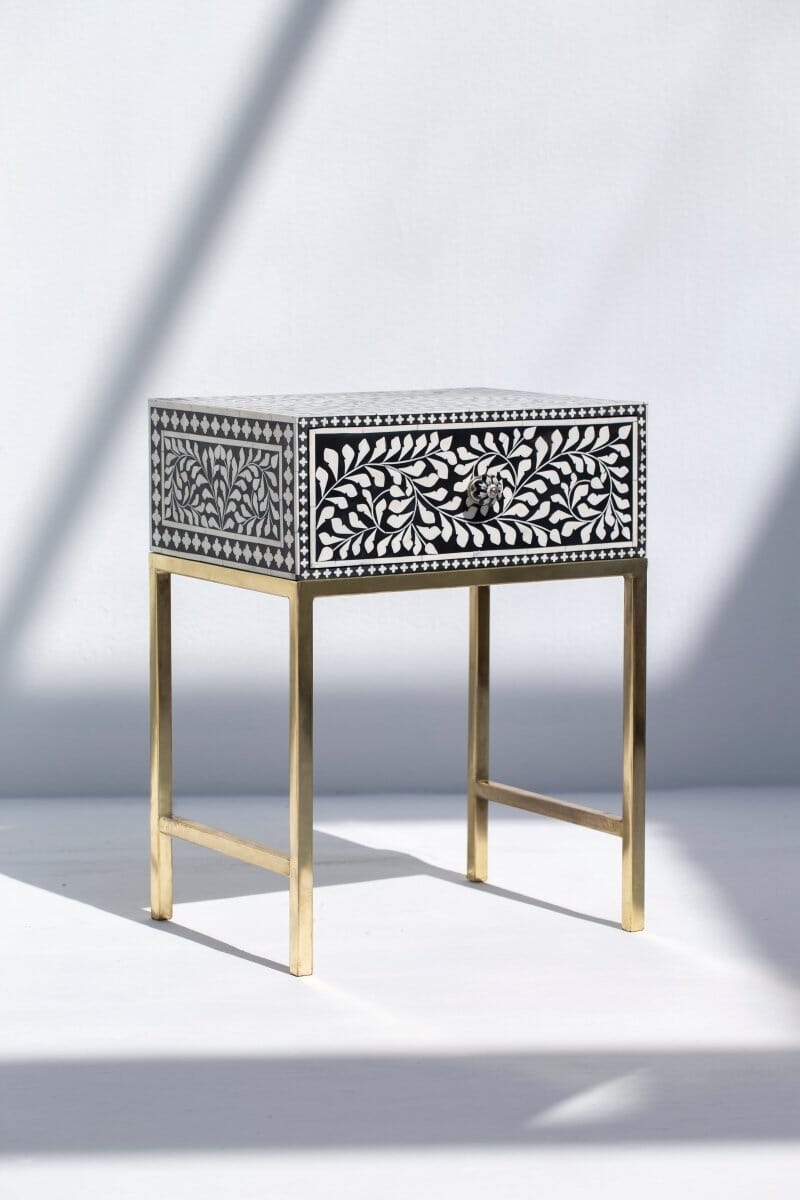 Wala Bone Inlay Black & White Side Table with Metal Legs Homekode 