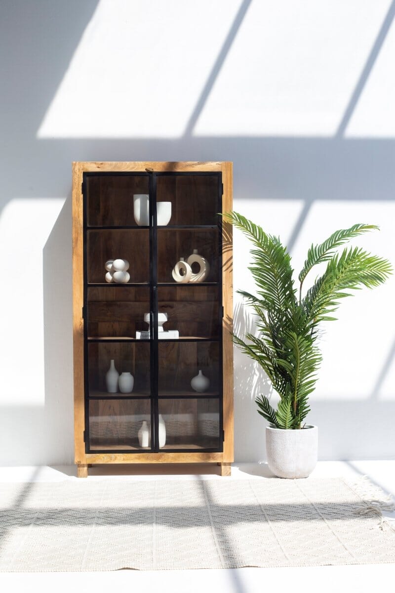 Celeste Industrial Wooden Display Cabinet with Black Metal Doors