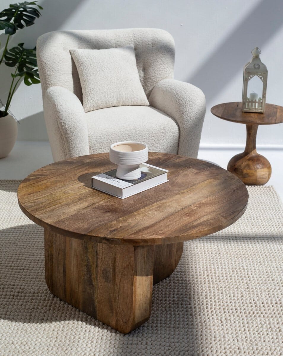 Haldor Wood Round Coffee Table With Cross Legs Coffee Tables 