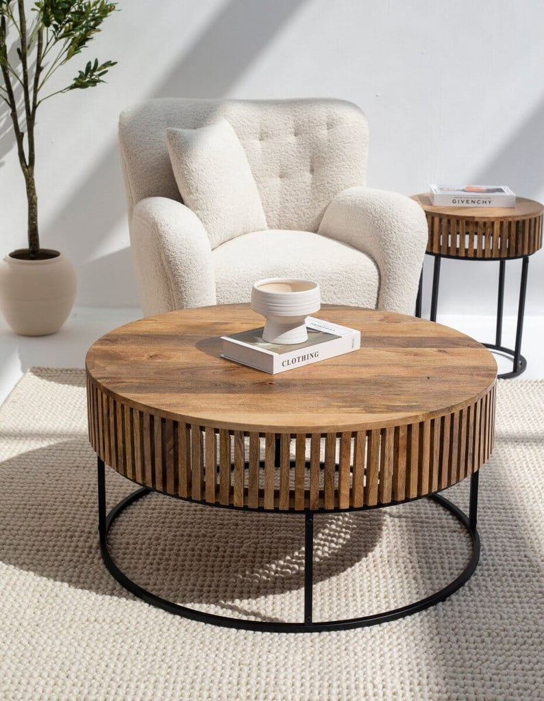 Garcia Wood Round Coffee Table with Black Metal Base Coffee Tables Homekode 