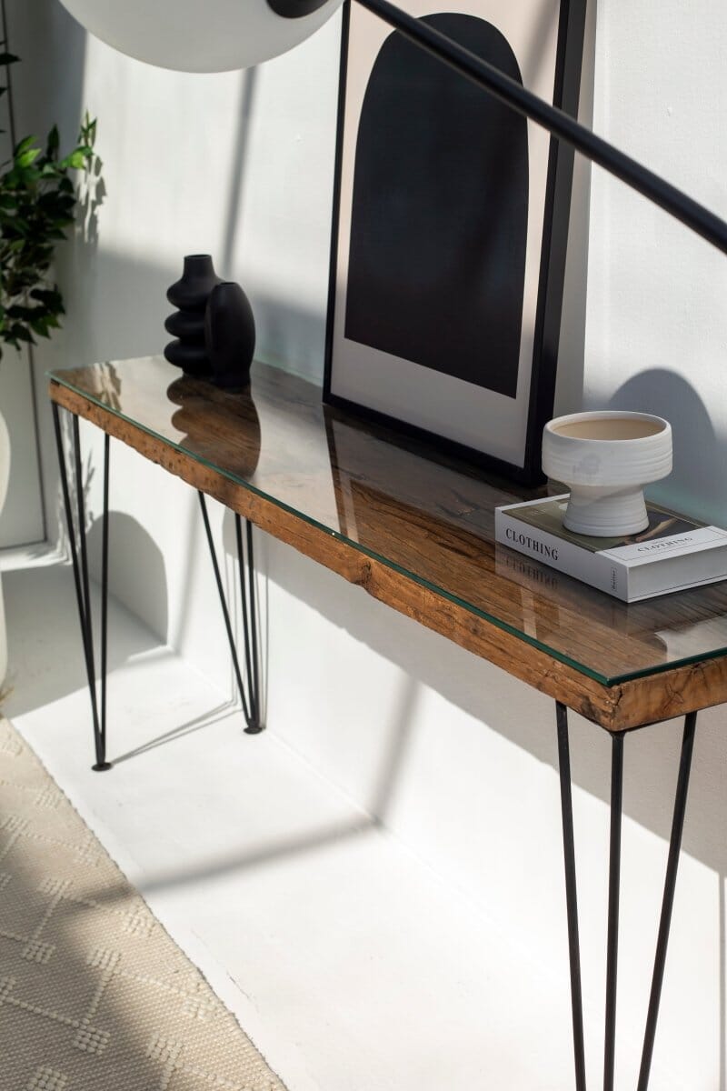 Railway Wood with Glass Top Console Table Homekode 