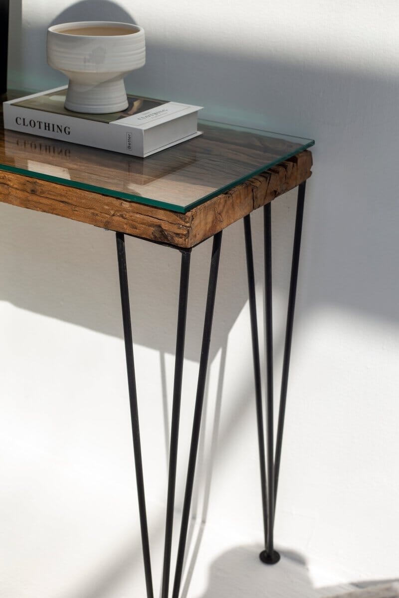 Railway Wood with Glass Top Console Table Homekode 