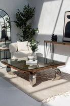 Square Railway Wood Top Coffee Table with Glass Top 