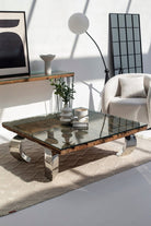 Square Railway Wood Top Coffee Table with Glass Top 