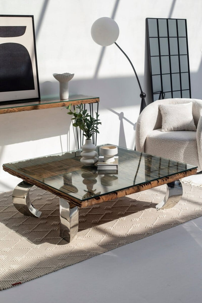 Square Railway Wood Top Coffee Table with Glass Top ART 
