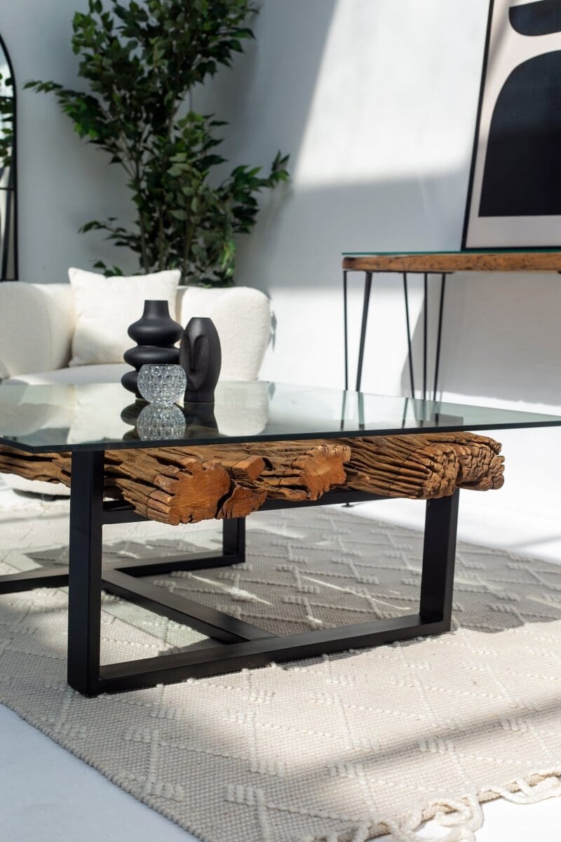 Railway Wood with Glass Top Coffee Table 