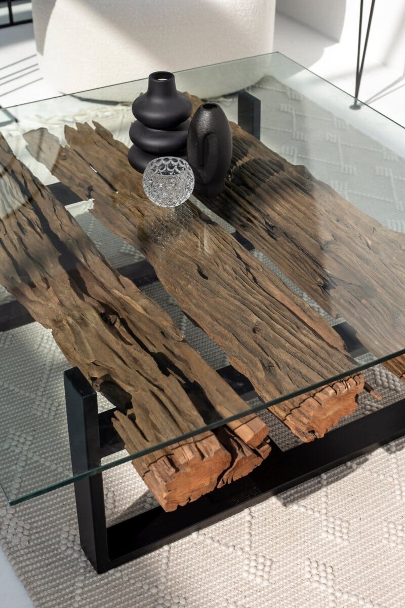 Railway Wood with Glass Top Coffee Table 