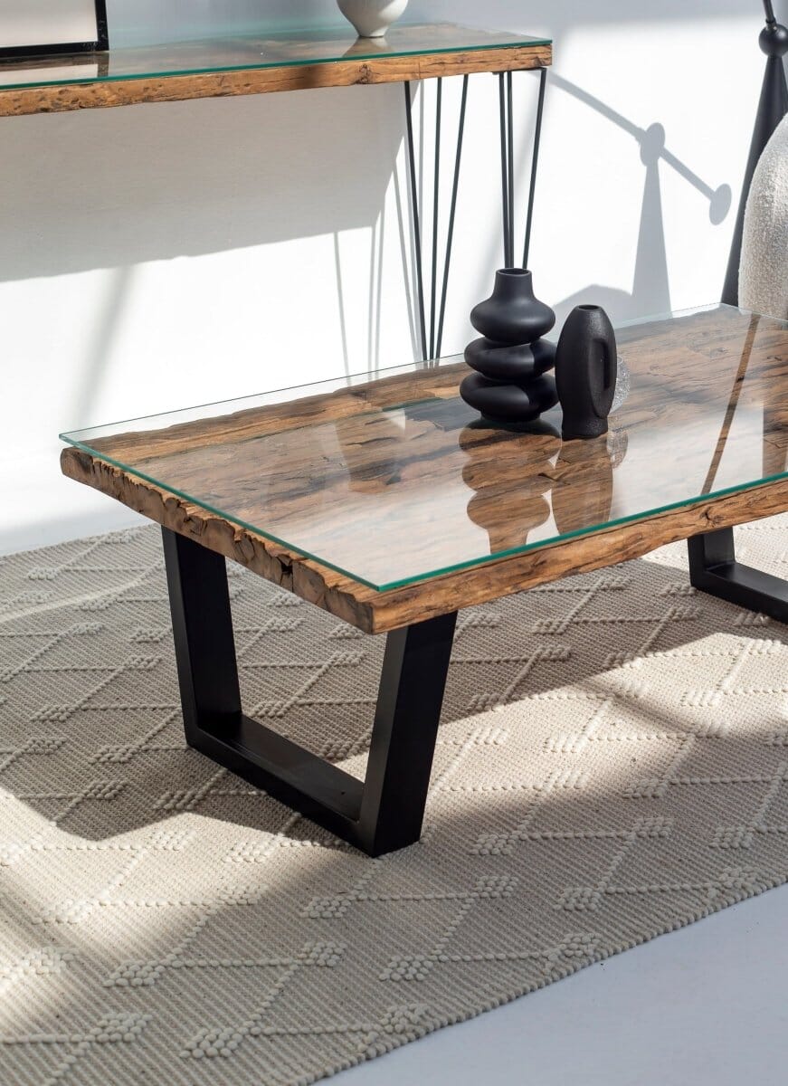 Railway Wood Top Coffee Table with Glass Top 