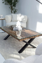 Railway Wood Top Coffee Table with Glass Top Black Leg (X Shape) 