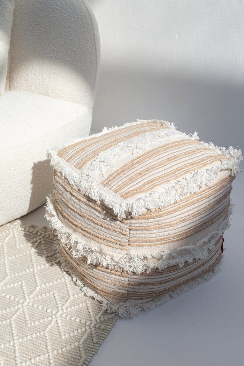 Beige & White Acrowool Pouf (40x40x40 CM)