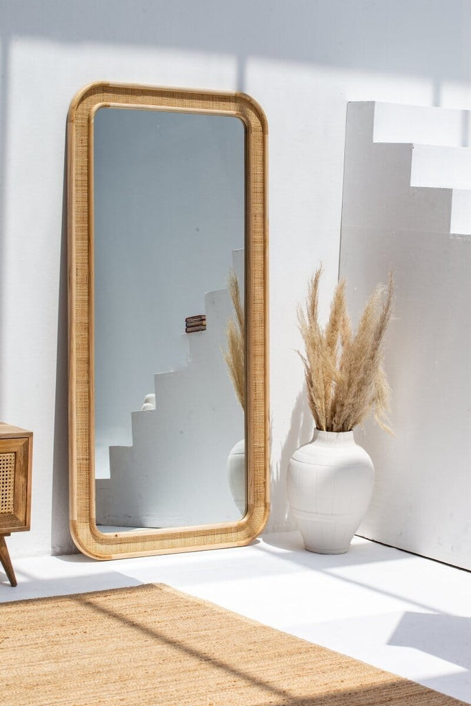 Noelle Rattan Rectangular Rounded Corners Full Length Mirror (180X80 CM) Mirrors Homekode 