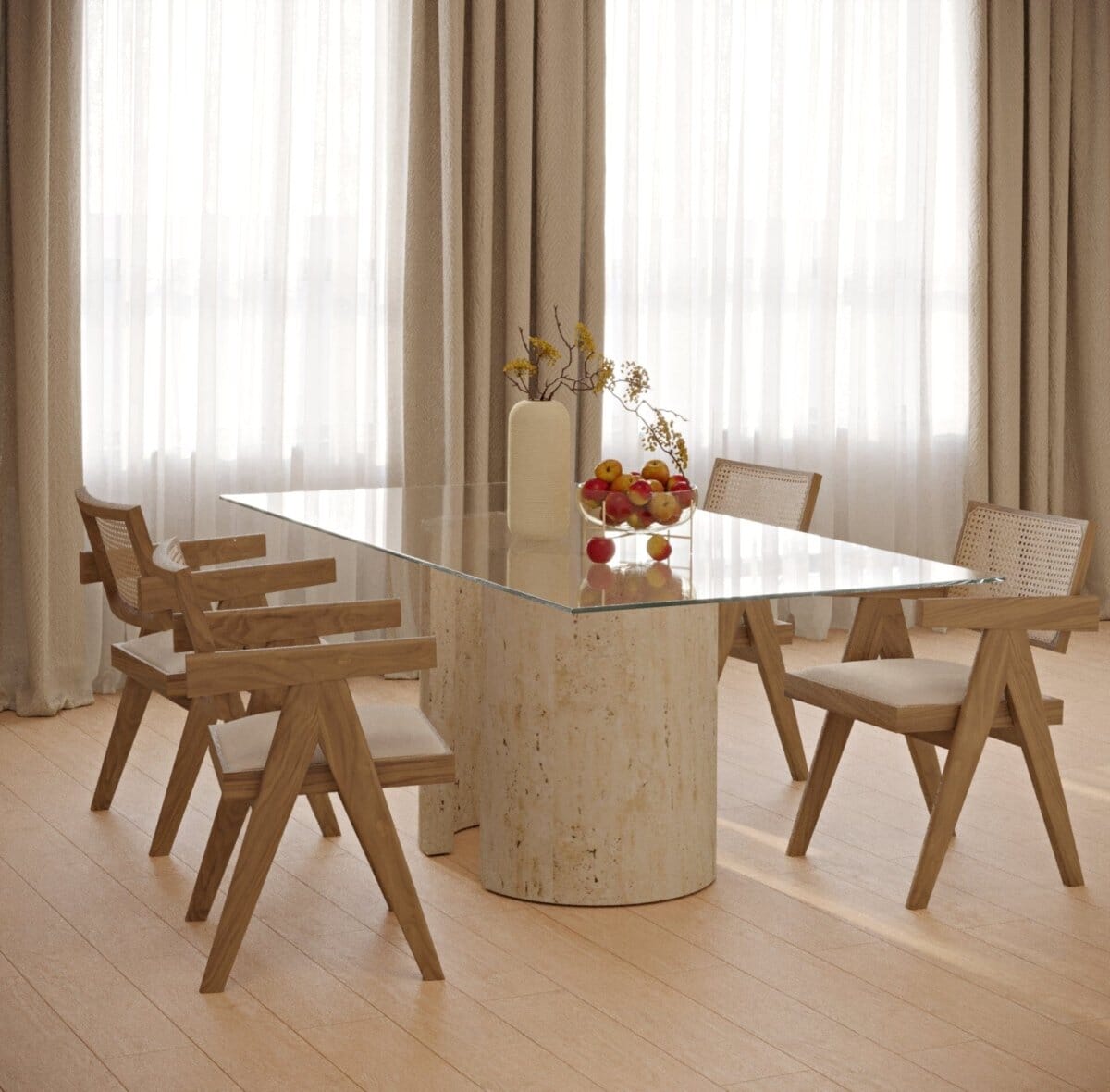 Glassy Glow Travertine Dining Table with U-Shape Legs Homekode 