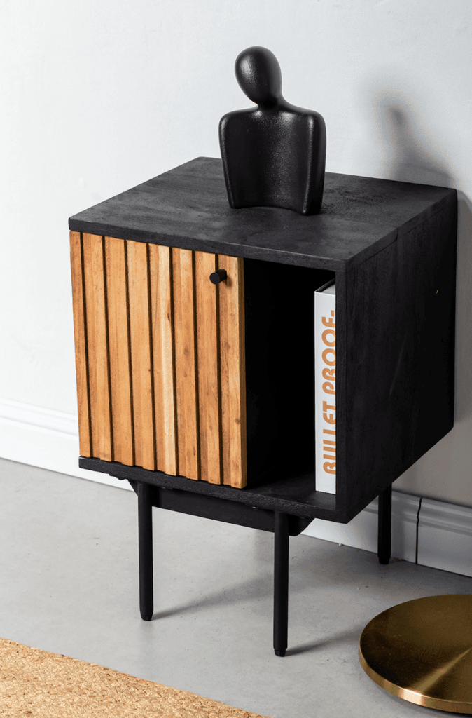 Klea Slat Wooden BedSide Table with Black Top & Legs Homekode 