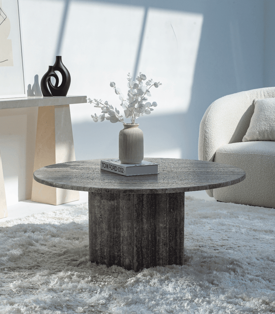 Peyton Grey Travertine Round Coffee Table (3 Sizes) Coffee Tables Homekode 