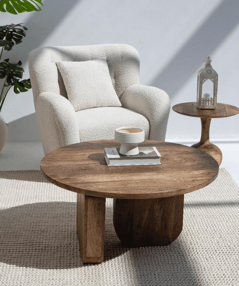 Haldor Wood Round Coffee Table With Cross Legs Coffee Tables 