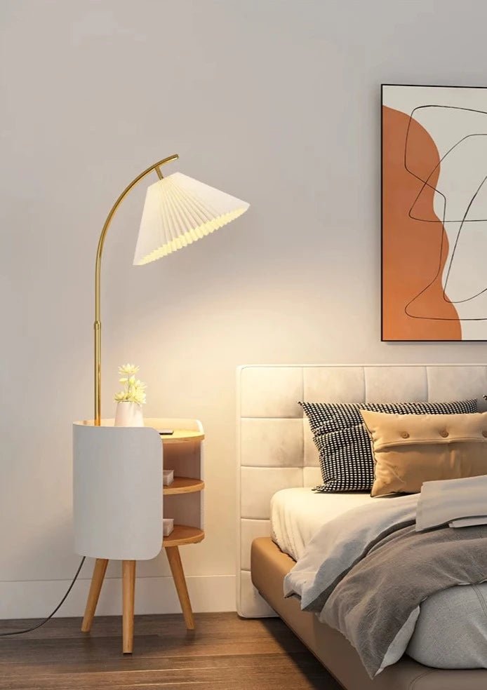 Wood, White, and Gold Floor Lamp With Shelve Homekode 