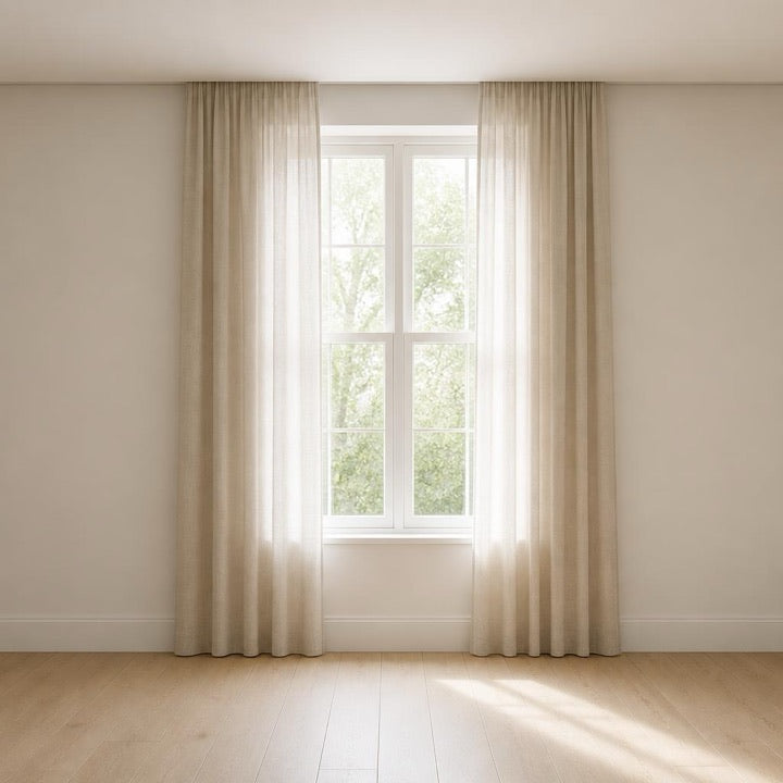 Ceiling mounted track with curtains running from ceiling to floor