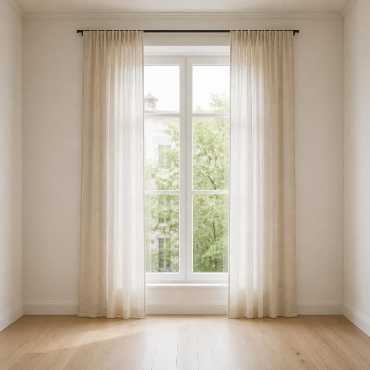 Floor length curtains on a rail fitted above a full height window
