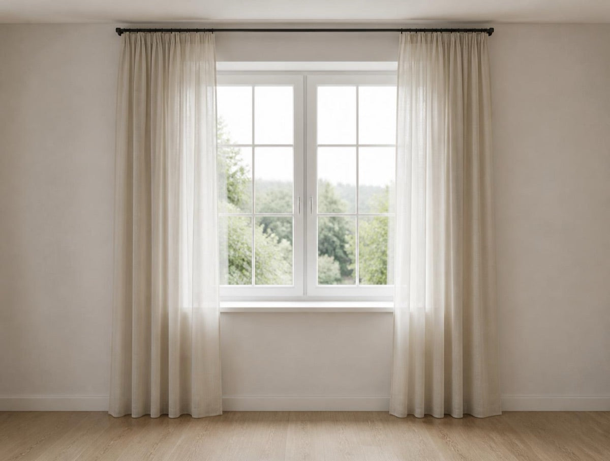 Room with a curtain rail above a window, marked with the two measuring points